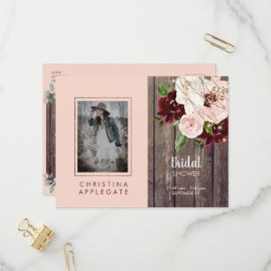 Rustic Wine & Blush Floral Photo Bridal Shower Invitation Postcard