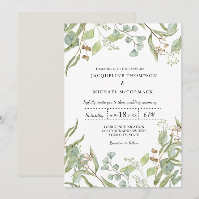 Rustic Winery Boho Eucalyptus Greenery Wedding Invitation (Front/Back)