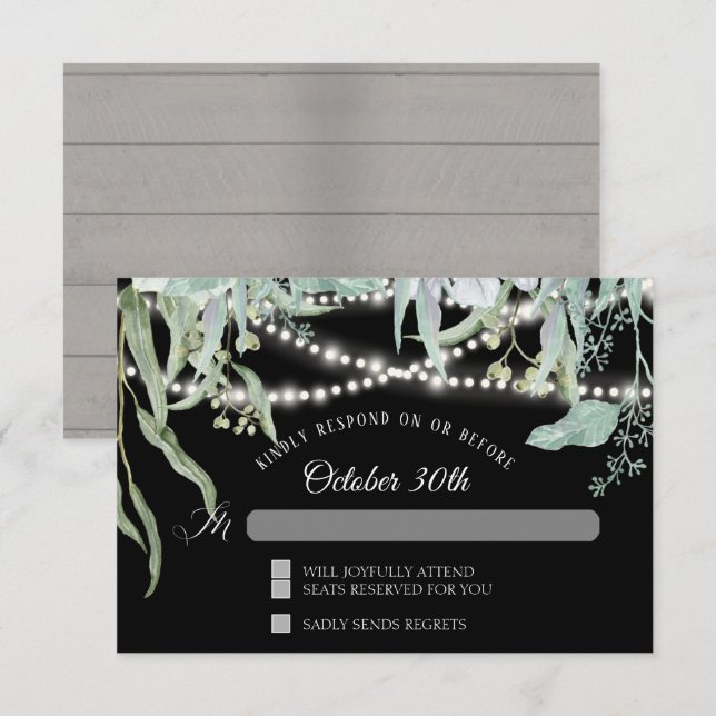Rustic Winery Eucalyptus Twinkle Lights Wood RSVP Invitation (Front/Back)