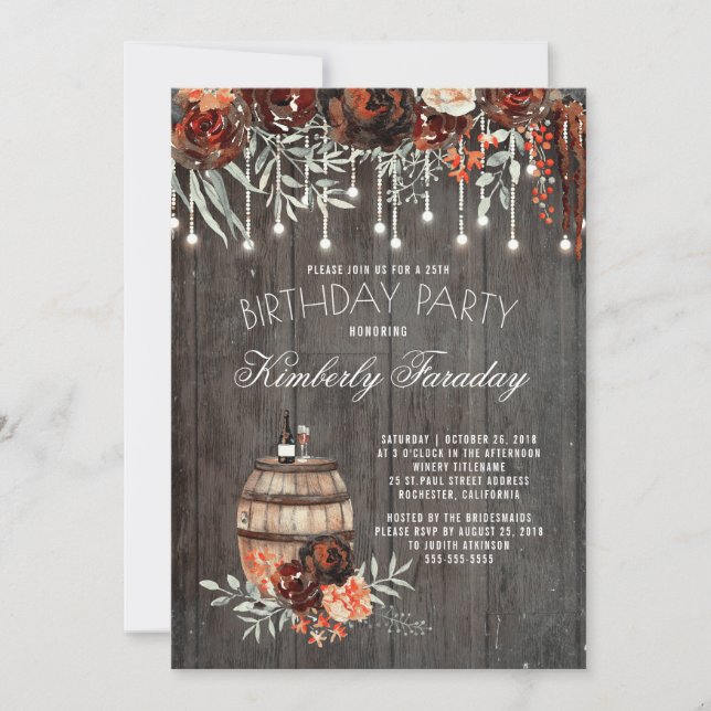Rustic Winery Floral Lights Birthday Party Invitation (Front)