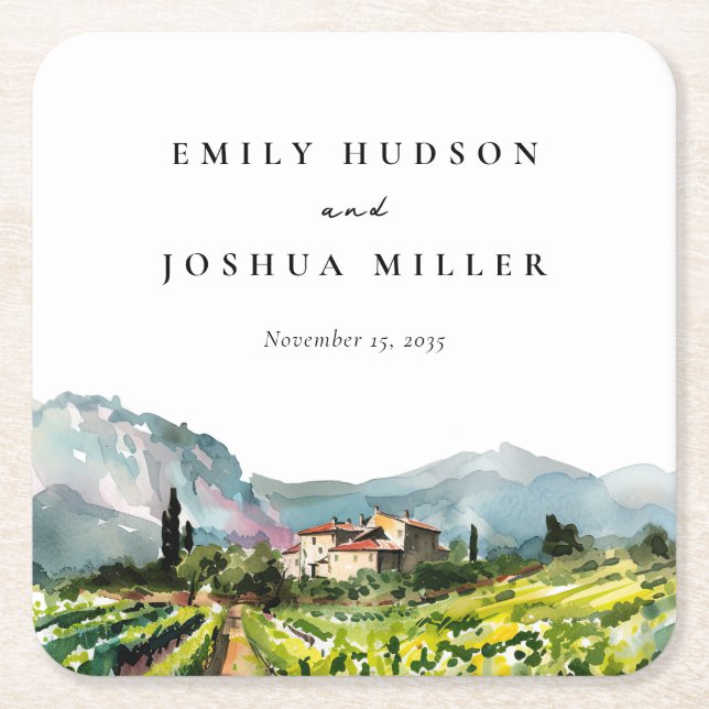 Rustic Winery Landscape Wedding Square Paper Coaster (Front)