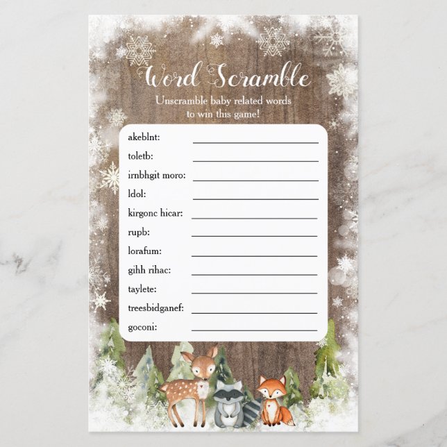 Rustic Winter Animals Woodland Baby Word Scramble (Front)