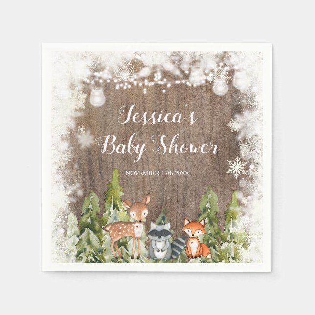 Rustic Winter Animals Woodland Birthday Paper Napkin (Front)