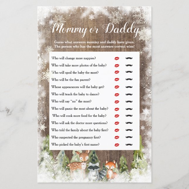 Rustic Winter Animals Woodland Mummy or Daddy Game (Front)