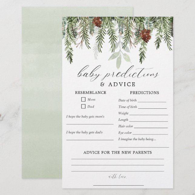 Rustic winter Baby predictions advice card (Front/Back)