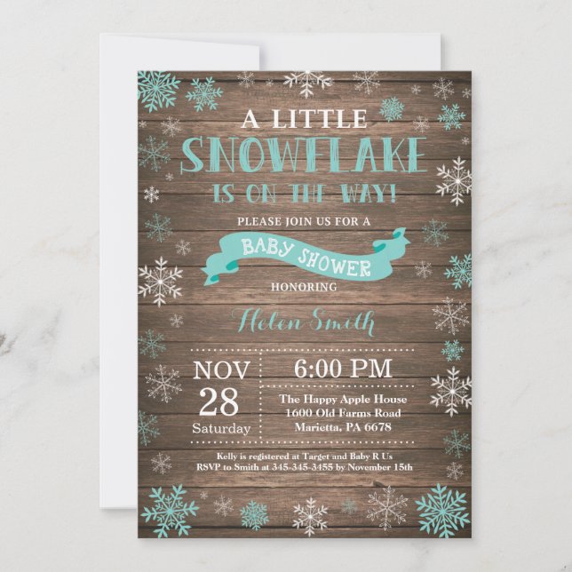 Rustic Winter Baby Shower Aqua Snowflake Invitation (Front)