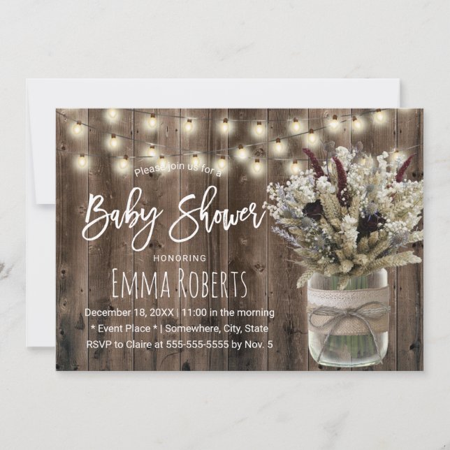 Rustic Winter Baby Shower Floral Jar String Lights Invitation (Front)