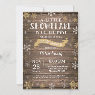 Rustic Winter Baby Shower Gold Snowflake Invitation