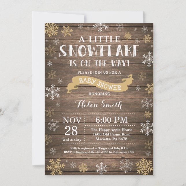 Rustic Winter Baby Shower Gold Snowflake Invitation (Front)