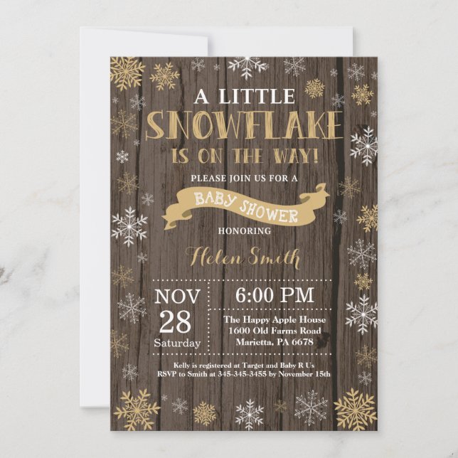 Rustic Winter Baby Shower Gold Snowflake Invitation (Front)