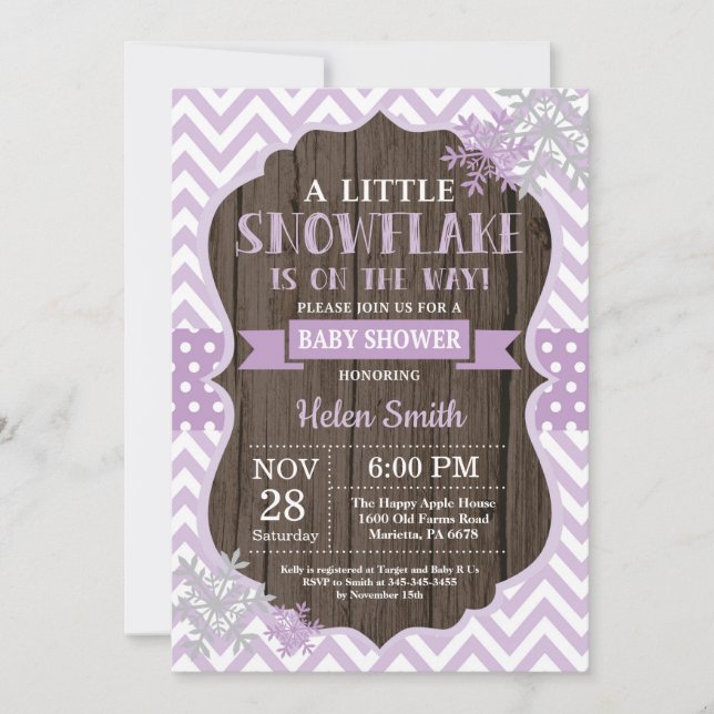 Rustic Winter Baby Shower Purple Snowflake Invitation (Front)
