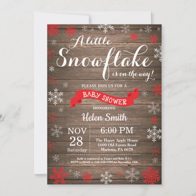 Rustic Winter Baby Shower Red White Snowflake Invitation (Front)