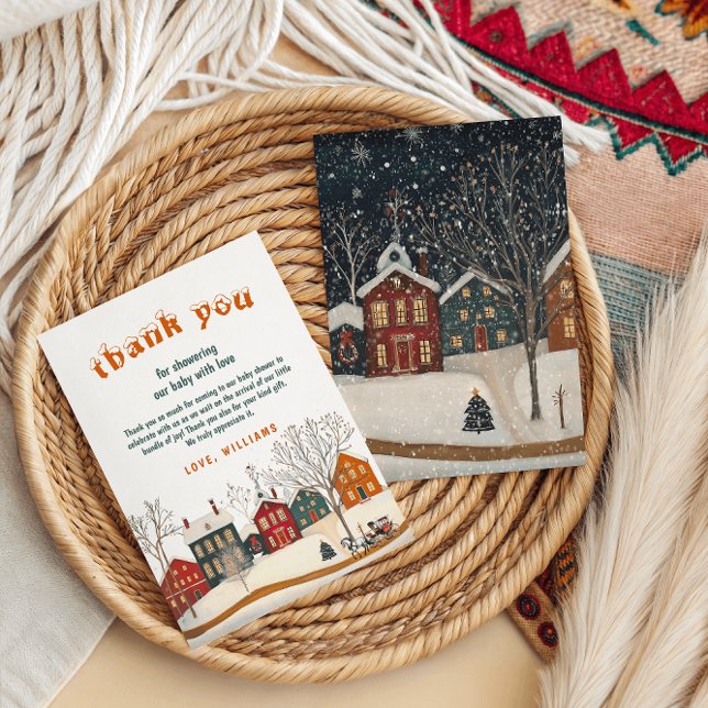 Rustic Winter Baby Shower Snow Village Thank You Card (Creator Uploaded)