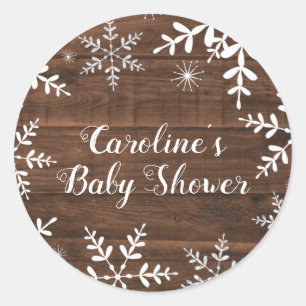 Rustic Winter Baby Shower Snowflakes Classic Round Sticker