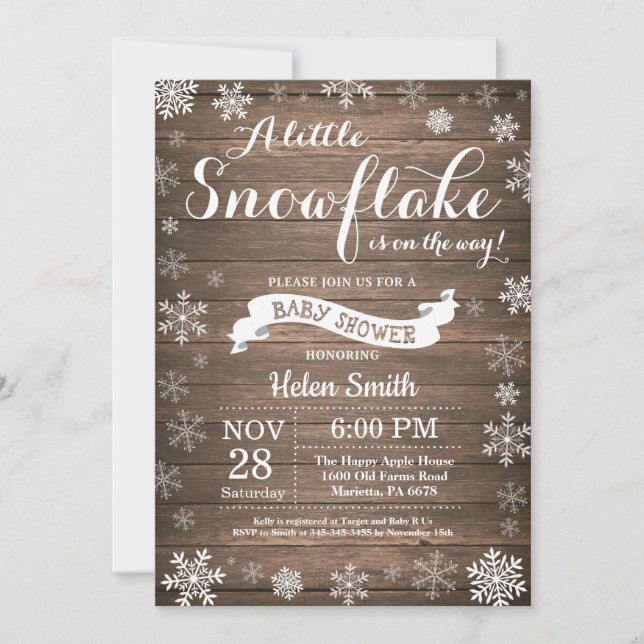 Rustic Winter Baby Shower White Snowflake Invitation (Front)