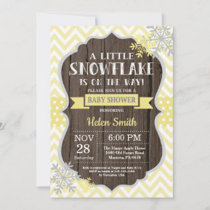 Rustic Winter Baby Shower Yellow Snowflake Invitation