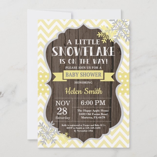 Rustic Winter Baby Shower Yellow Snowflake Invitation (Front)