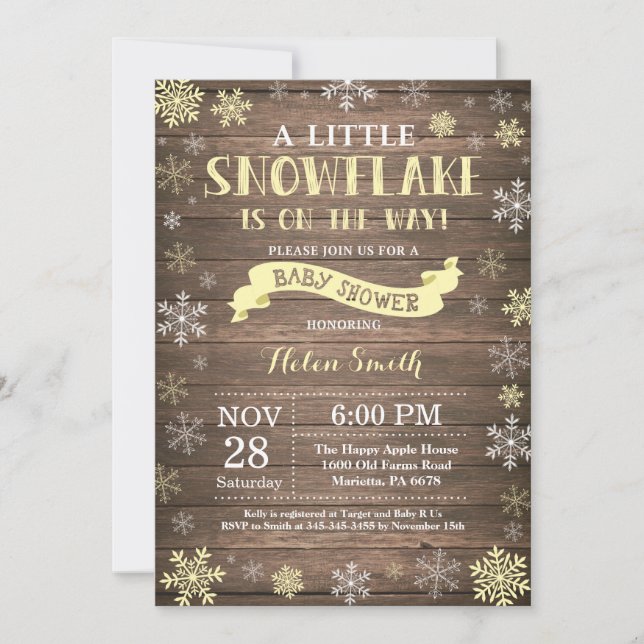 Rustic Winter Baby Shower Yellow Snowflake Invitation (Front)