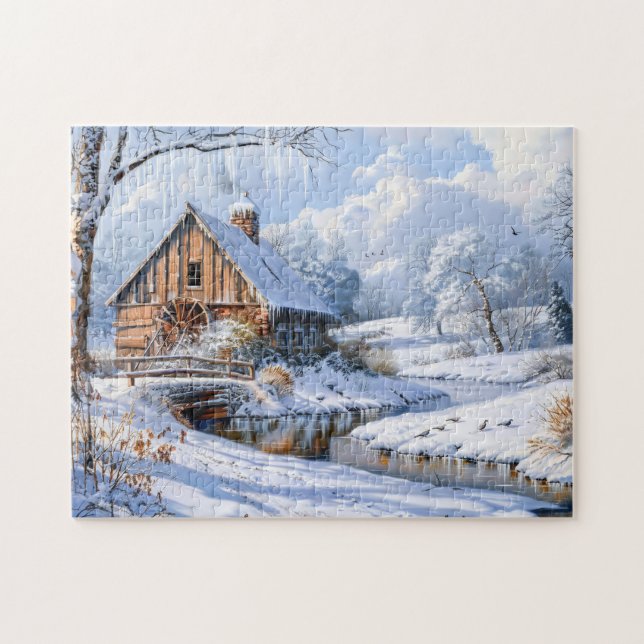 Rustic Winter Barn by Frozen Stream Jigsaw Puzzle (Horizontal)