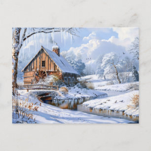 Rustic Winter Barn by Frozen Stream Postcard