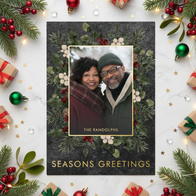 Rustic Winter Berries Black Christmas Greetings Foil Holiday Card (Creator Uploaded)