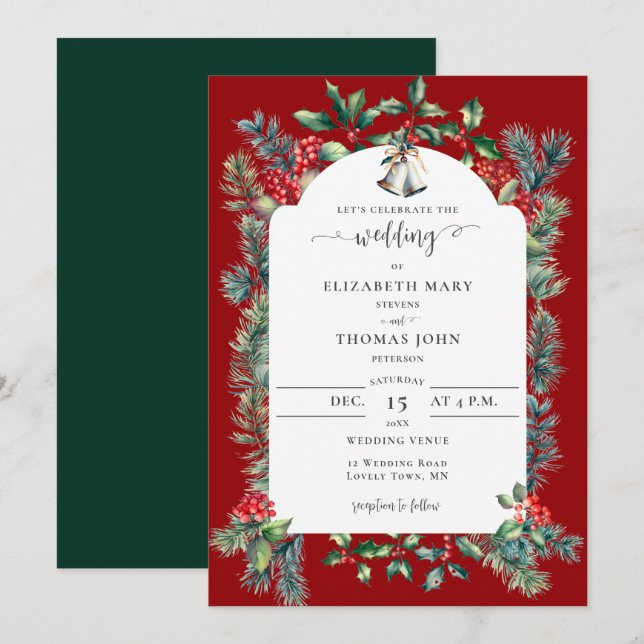 Rustic Winter Berries Frame Green Red Wedding Invitation (Front/Back)