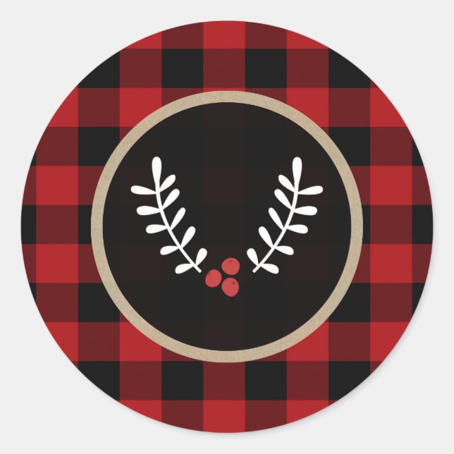 Rustic Winter Berries Holiday Red Buffalo Plaid Classic Round Sticker (Front)