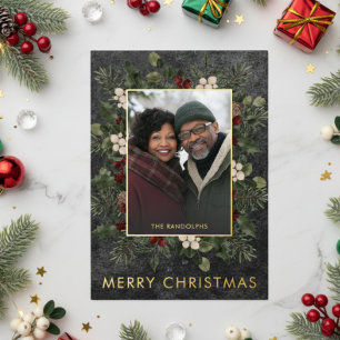 Rustic Winter Berries & Pine Black Christmas Foil Holiday Card