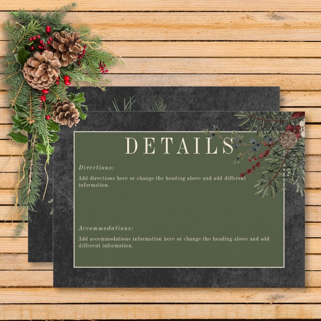 Rustic Winter Berries & Pine Black Details Enclosure Card (Rustic Winter Berries & Pine Black Wedding Details Card)