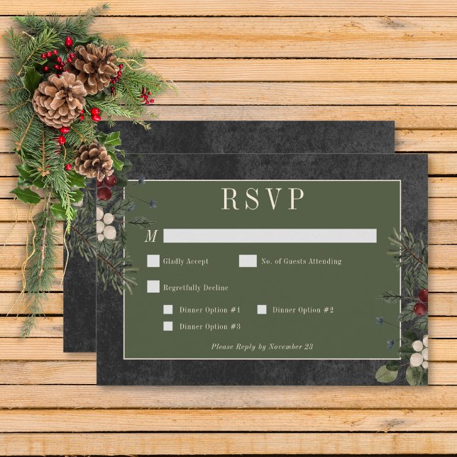 Rustic Winter Berries & Pine Black Dinner RSVP Card (Rustic Winter Berries & Pine Black Wedding Response Card with Dinner Options)