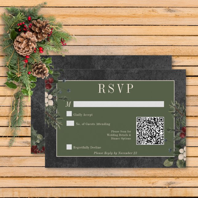 Rustic Winter Berries & Pine Black QR Code RSVP Card (Rustic Winter Berries & Pine Black Wedding Response Card with QR Code)