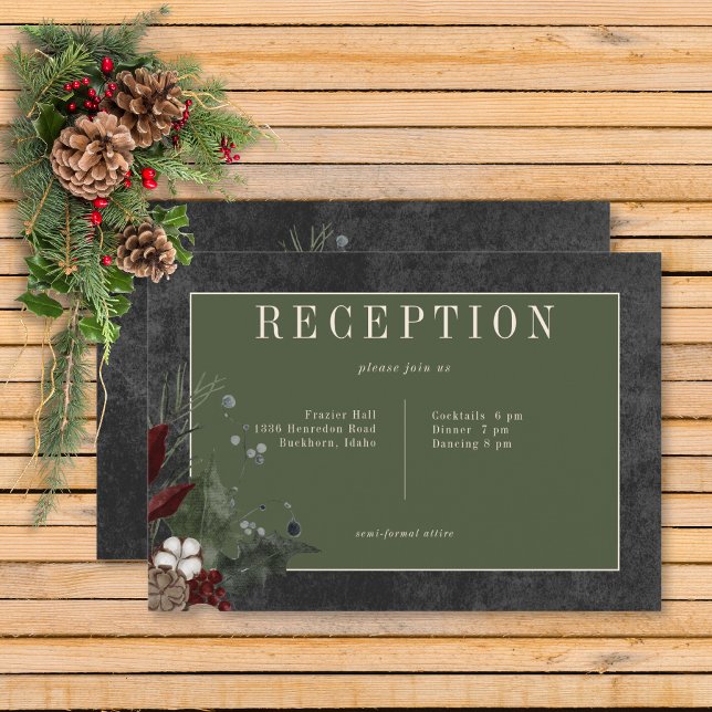 Rustic Winter Berries & Pine Black Reception Enclosure Card (Rustic Winter Berries & Pine Black Wedding Reception Card)