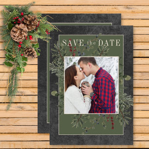 Rustic Winter Berries & Pine Black Save The Date