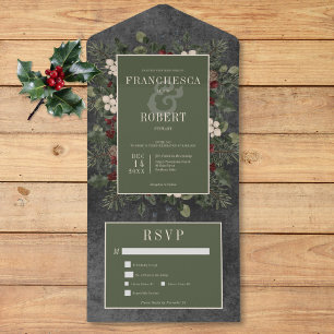 Rustic Winter Berries & Pine Black Two Dinner All In One Invitation