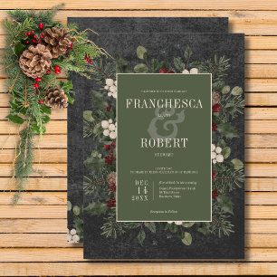 Rustic Winter Berries & Pine Black Wedding Invitation