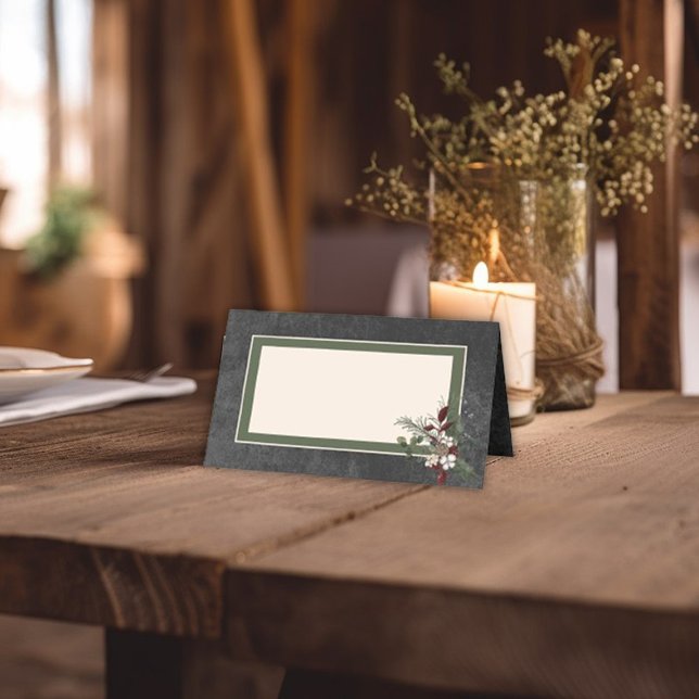 Rustic Winter Berries & Pine Black Wedding Place Card (Rustic Winter Berries & Pine Blac Wedding Table Place Card)