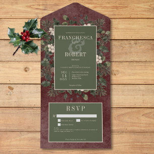 Rustic Winter Berries & Pine Burgundy Details All In One Invitation