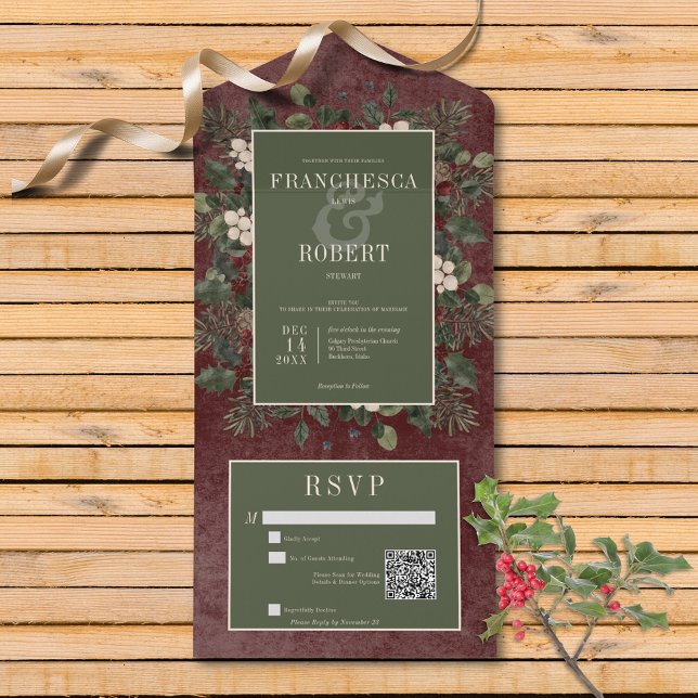 Rustic Winter Berries & Pine Burgundy QR Code All In One Invitation (Also available without a QR code; with or without dinner selection options.)