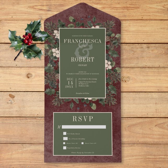 Rustic Winter Berries & Pine Burgundy Two Dinner All In One Invitation (Rustic Winter Berries & Pine Burgundy Two Dinner All In One Invitation)