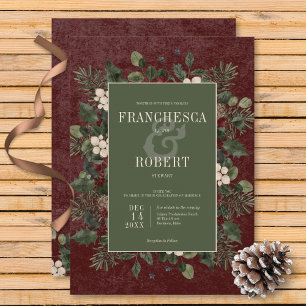 Rustic Winter Berries & Pine Burgundy Wedding Invitation