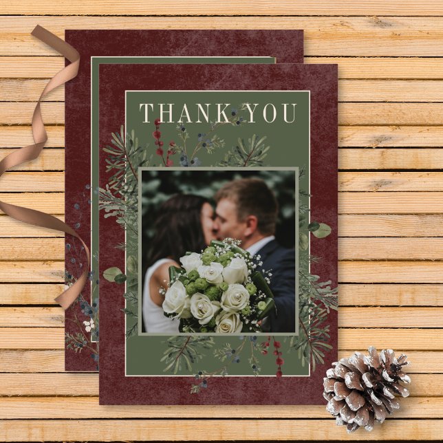 Rustic Winter Berries & Pine Burgundy Wedding Thank You Card (Rustic Winter Berries & Pine Burgundy Wedding Thank You Card)