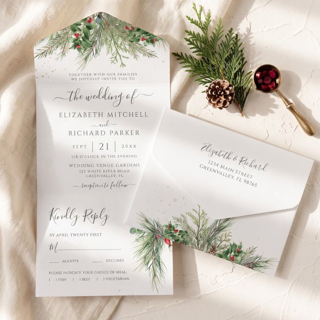 Rustic Winter Berries Pine Cone Greenery All In One Invitation (Creator Uploaded)