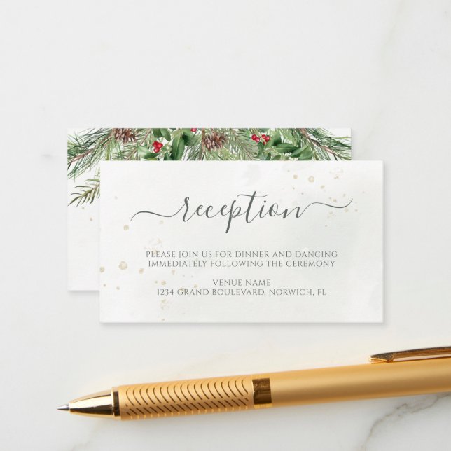 Rustic Winter Berries Pine Cone Greenery Wedding Enclosure Card (Front/Back In Situ)