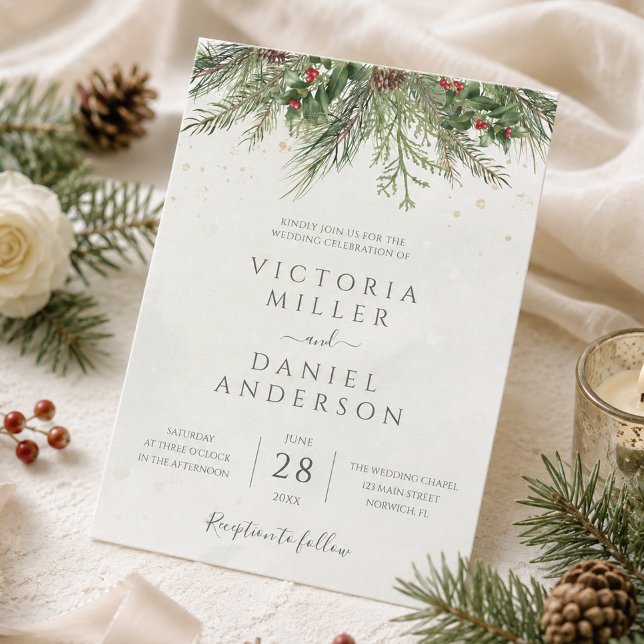 Rustic Winter Berries Pine Cone Greenery Wedding Invitation (Creator Uploaded)