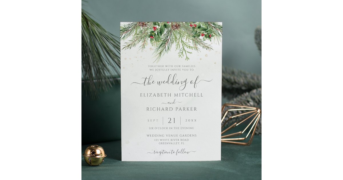 Rustic Winter Berries Pine Cone Greenery Wedding Invitation | Zazzle