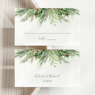 Rustic Winter Berries Pine Cone Greenery Wedding Place Card