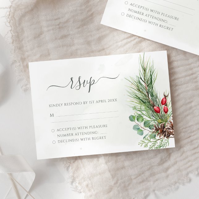 Rustic Winter Berries Pine Cone Greenery Wedding RSVP Card (Creator Uploaded)