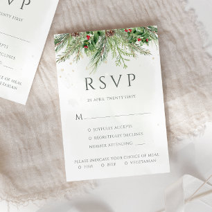 Rustic Winter Berries Pine Cone Greenery Wedding RSVP Card