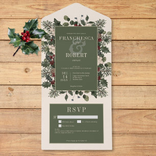 Rustic Winter Berries & Pine Cream Details All In One Invitation