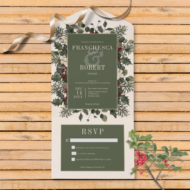 Rustic Winter Berries & Pine Cream No Dinner All In One Invitation (Also available with a QR code or with dinner selection options.)